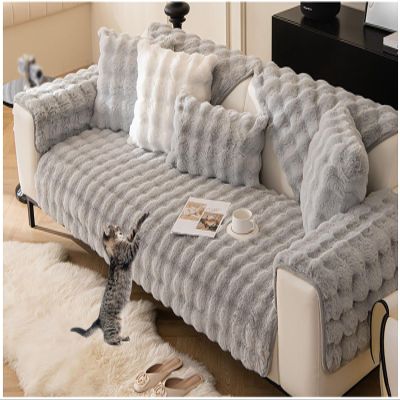 Thick Rabbit Plush Sofa Covers 1 2 3 Seater, Funny Fuzzy Sofa Slipcovers for Corner L Shape, Non-Slip Sofa Cover, Warm Velvet Sofa Cushion Covers, Washable Furniture Protector (Light Gray,120x160cm)