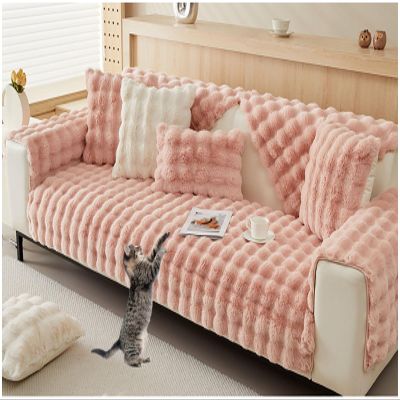 Thick Rabbit Plush Sofa Covers 1 2 3 Seater, Funny Fuzzy Sofa Slipcovers for Corner L Shape, Non-Slip Sofa Cover, Warm Velvet Sofa Cushion Covers, Washable Furniture Protector (Pink,120x180cm)