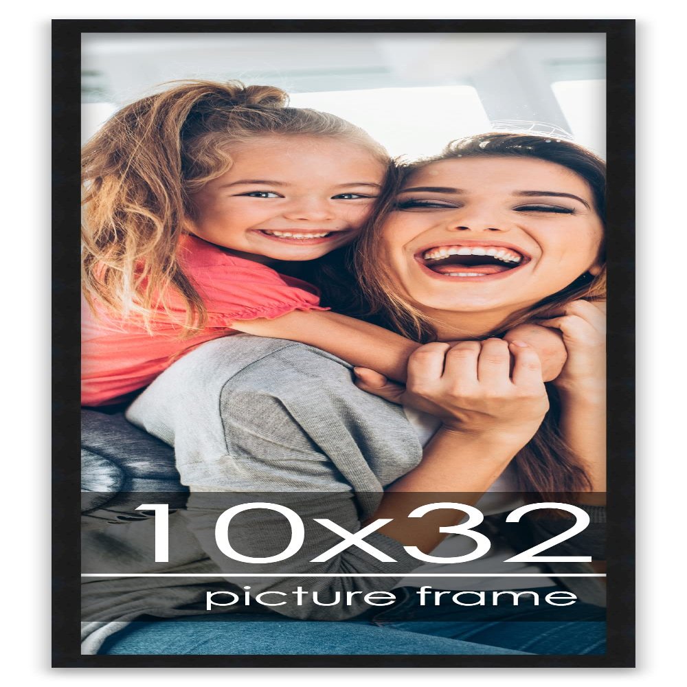 Poster Palooza 10x32 Frame Black Solid Wood Picture Frame | 0.75 Inch Moulding Width | Includes UV Acrylic Plexiglass, Foam Board Backing & Hanging Hardware