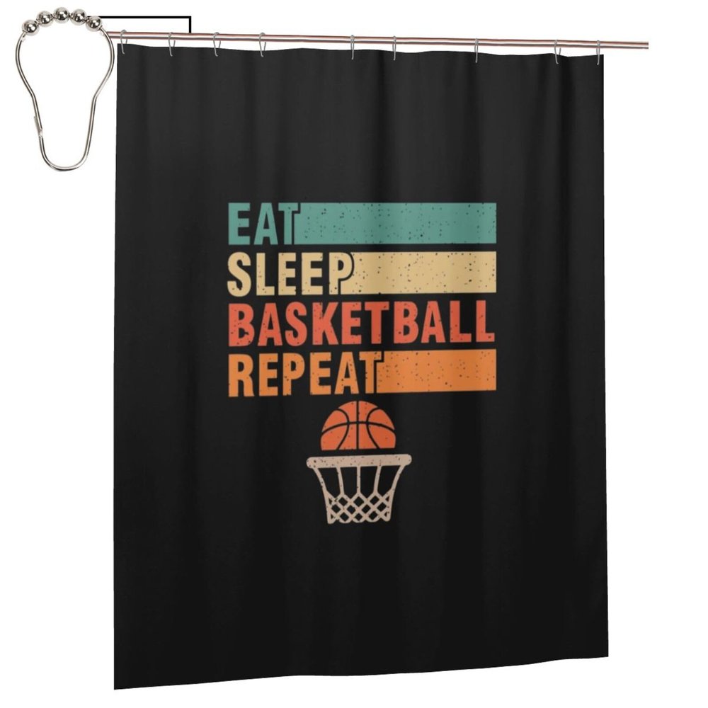 Eat Sleep Basketball Bathroom Fabric Shower Curtain with 12 Buckles and Hooks, 60x72 Inches Black
