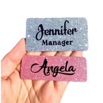 Custom Fine Glitter Name tag PIN or Magnet Work Badge Gloss Sealed Sparkle Personalized Custom Bling 1x3 or 1.5x3 Gift Nurse Job (Silver)