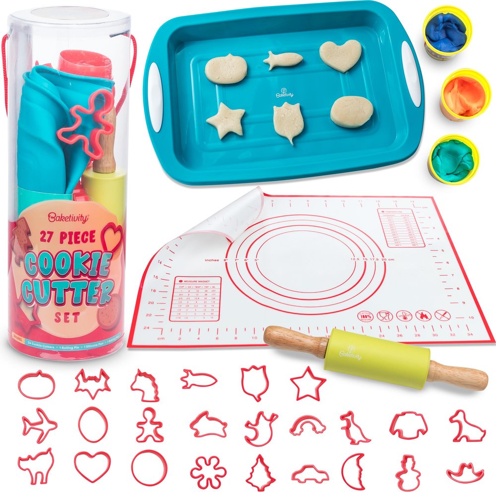 Baketivity Cookie Cutter Set for Kids, 24 Assorted Cookie Cutters of Basic Shapes, Seasonal, and Holiday Themes - with Rolling Pin, Silicone Baking Pan, and Non-Stick Baking Mat - BPA-Free - Ages 4+
