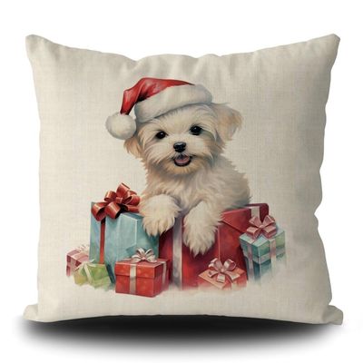 GUGLILI Dog Christmas Throw Pillow Cover Lovely Maltese in Santa Hat Xmas Pillowcase for Sofa Couch Bed Holiday Decoration Linen 16x16 Inch Double Side, Type 27