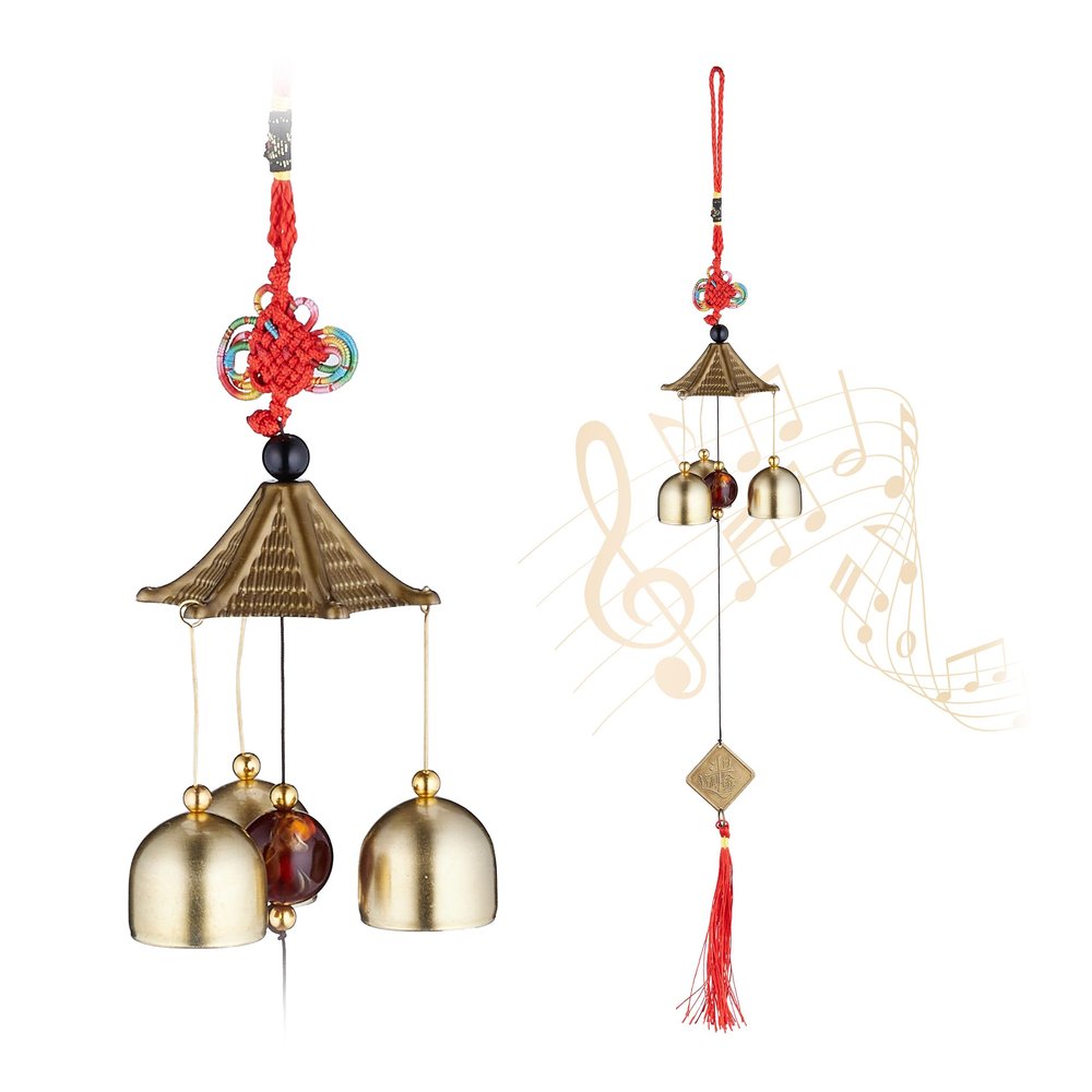 Relaxdays Set of 2 Wind Chimes, Metal, Outdoor & Indoor, Roof and Bells Details, Hanging Decoration, Feng Shui, Gold/Red, Iron, Plastic, 49 x 6.5 x 6.5 cm