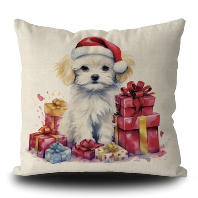 GUGLILI Dog Christmas Throw Pillow Cover Lovely Maltese in Santa Hat Xmas Pillowcase for Sofa Couch Bed Holiday Decoration Linen 16x16 Inch Double Side, Type 23