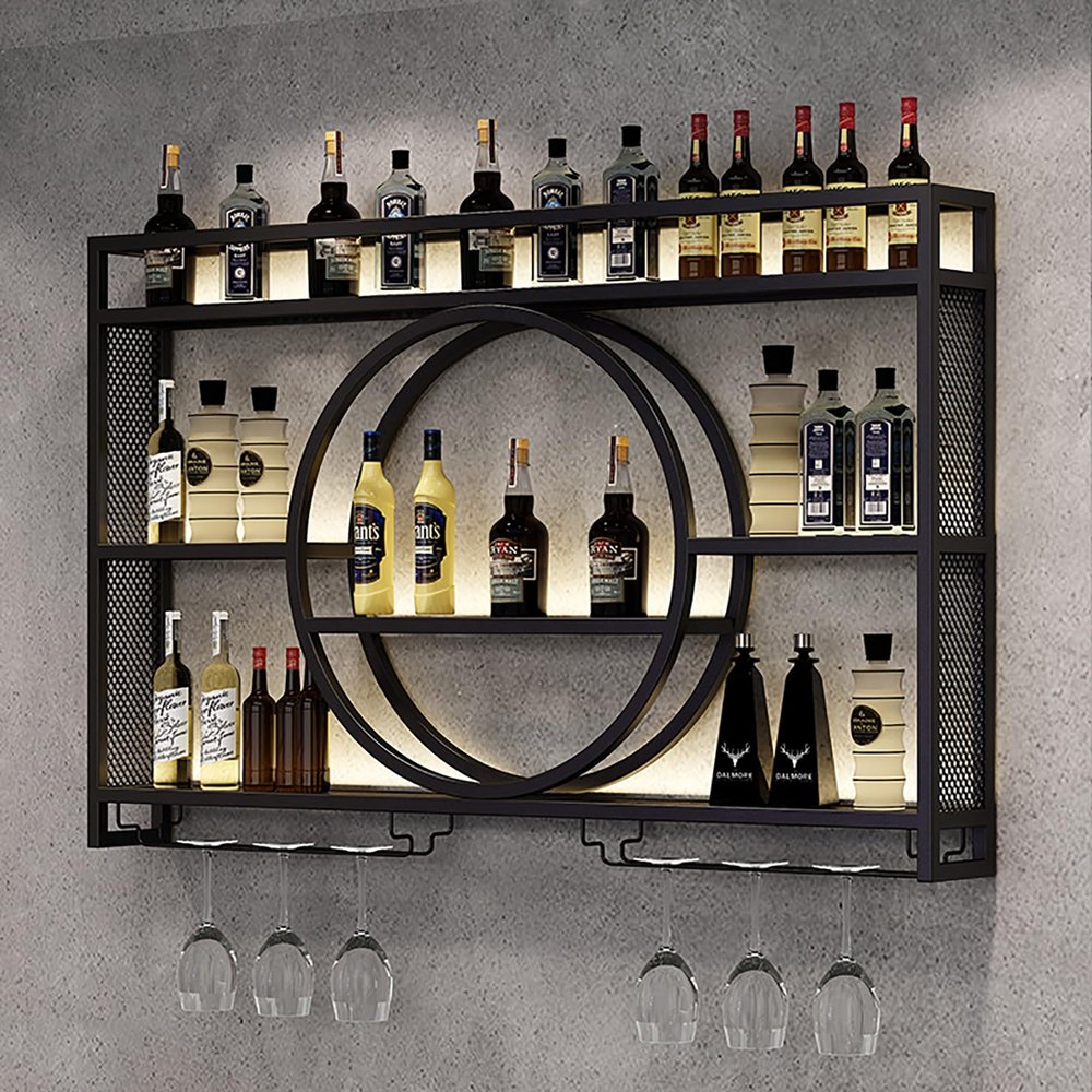 FUYAO Wine Rack Wall Mounted, Wine Glass Rack, Metal Hanging Wine Glass Holder, Wine Display Storage Rack, Modern Bar Shelves for Liquor Bottles with Glass Holder