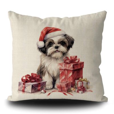 GUGLILI Dog Christmas Throw Pillow Cover Lovely Shih Tzu in Santa Hat Xmas Pillowcase for Sofa Couch Bed Holiday Decoration Linen 16x16 Inch Double Side, Type 34