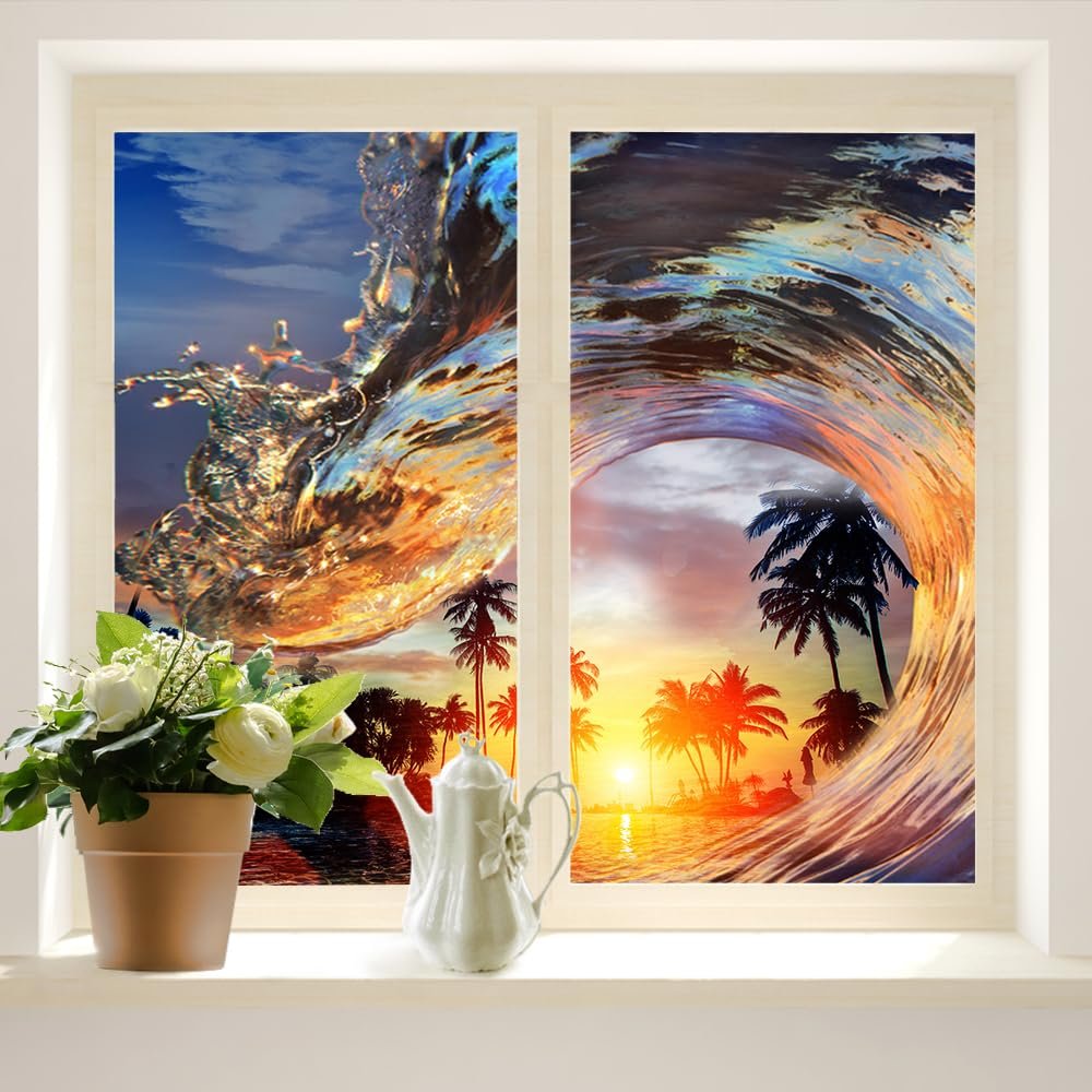 Brebasf Ocean Surfing Theme Privacy Blackout Window Film Summer Tropical Beach Palm Trees Sunset Waves Reusable Self Adhesive Insulated Window Stickers-35.4W x78.7L in x2Pcs