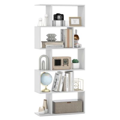 Giantex 5-Tier Geometric Bookshelf White, 62.5" Tall Wood S-Shaped Bookcase with Anti-Tipping Device, Floor Standing Display Shelf for Bedroom, Living Room, Study