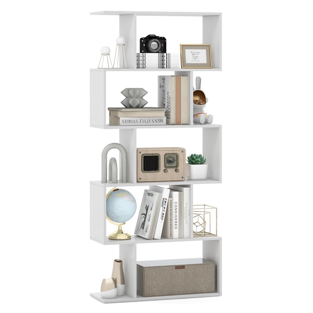 Giantex 5-Tier Geometric Bookshelf White, 62.5" Tall Wood S-Shaped Bookcase with Anti-Tipping Device, Floor Standing Display Shelf for Bedroom, Living Room, Study
