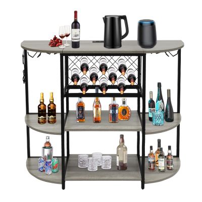 47inch Mental Bar Cabinet with Outlet and Remote Control LED Light Home Bar Cart Wine Cabinet Rack Multifunctional Freestanding Floor Table Wine Liquor Display Holder for Home Bar Club (Grey)