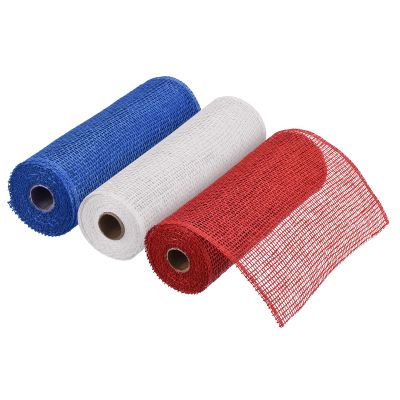 MECCANIXITY 3pcs 10 Inch Poly Burlap Mesh for Wreath, Decorative Mesh Fabric Ribbon 6.4 Yard for Fall Easter Christmas Flower Bow, Blue/Red/White