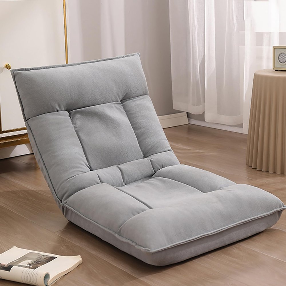 ESRADA Folding Floor Gaming Chair 5-Poistion Cushioned Adjustable Floor Lazy Sofa Chair W/Breathable Skin-Friendly Fine Velvet Cotton for Reading Gaming Meditating Light Gray-2
