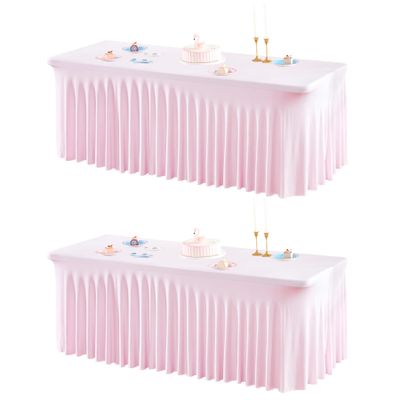 2 Packs Pink Table Clothes for 6 Foot Rectangle Tables, One-Piece Wrinkle Resistant Stretch Spandex Table Covers with Skirt for Event Banquet Wedding Birthday Party