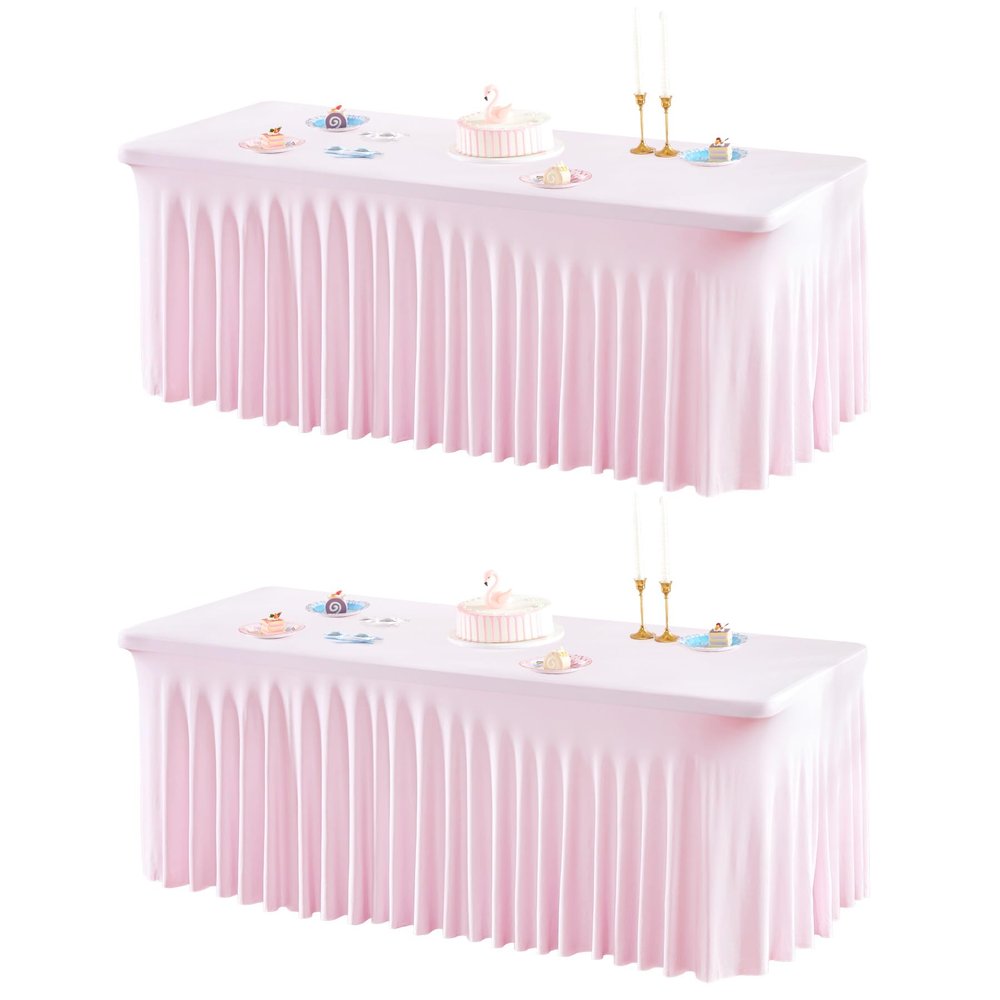 2 Packs Pink Table Clothes for 6 Foot Rectangle Tables, One-Piece Wrinkle Resistant Stretch Spandex Table Covers with Skirt for Event Banquet Wedding Birthday Party