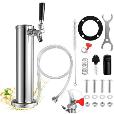 Single Beer tap Tower with 1/4 Barb, 3'' Draft Kegerator Tap Tower Stainless Steel Keg Tower Parts Stainless Core Self-Closing Beer Faucet Brewing Tower Dispenser with Pre-assembled Beer Lines Kit