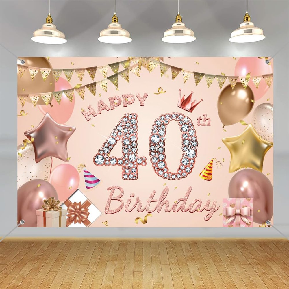 Tecreo Happy 40th Birthday Decorations Backdrop Banner for Lady/Women, Rosegold Vinyl Fabric Sign Poster with Copper Eyelets, 59"x35.4"