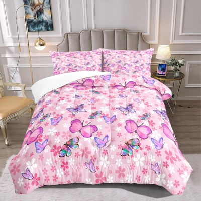 Kids Butterfly Comforter Set - Butterfly Queen Bedding Set Pink Butterflies Prints Bedding Set for Girls Room Cute Princess Bedding Set for All Season Butterfly Bed Set, 1 Comforter + 2 Pillowcases