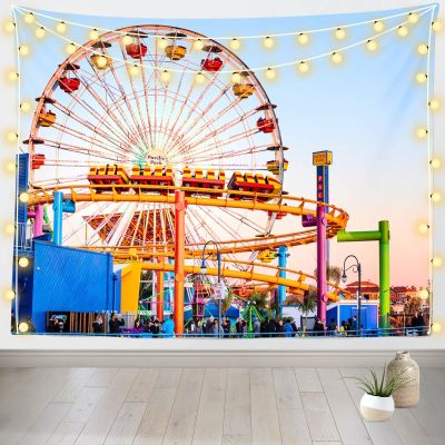 Loccor 92''x70'' Amusement Park Ferris Wheel Tapestry Roller Coaster Fantasy Pacific Park Wall Hanging Background for Kids Adults Party Supplies Living Room Bedroom Decor