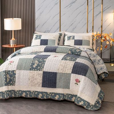 Bed, Patchwork Reversible Floral Bedspread Quilt Set Queen Size 3 Pieces Embroidered Lightweight Soft Cotton Coverlets 1 Quilt and 2 Pillow Shams (Blue,Queen)
