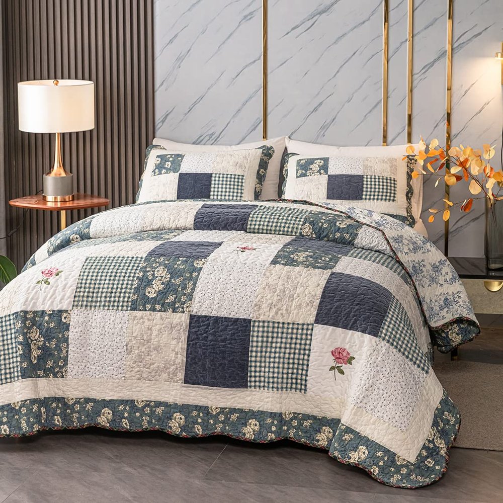 Bed, Patchwork Reversible Floral Bedspread Quilt Set Queen Size 3 Pieces Embroidered Lightweight Soft Cotton Coverlets 1 Quilt and 2 Pillow Shams (Blue,Queen)