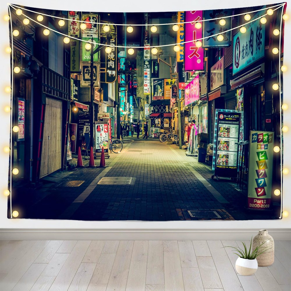 Loccor 118''x98'' Japan Night View Tapestry - Street Signboard Billboards Wall Hanging for Kids Adults Party Decoration Living Room Bedroom Dorm Decor