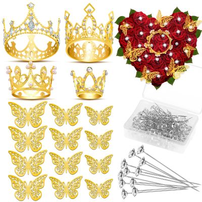 cridoz Gold Crowns for Flower Bouquets, Flower Bouquet Accessories Including 4 Pcs Bouquet Crown, 12 Pcs Butterfly Decorations and 50 Pcs Flower Pins for Birthday Wedding Baby Shower