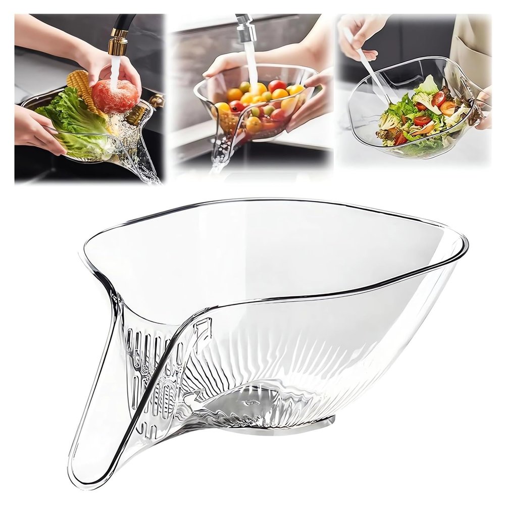 Sidmund Multi-functional Drain Basket - 2024 New Fruit Cleaning Bowl with Strainer Container, Kitchen Sink Food Catcher Drainer Rinser Vegetable Washing Filter over the Colander (1PC, Clear)
