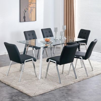 Ginxesh 63 Modern Glass Dining Table Set for 6,7 Piece Dining Table Set,0.3'' Tempered Glass Top Dinner Table and Black Faux Leather High Back Upholstered Dining Chairs for Dining Room,Kitchen