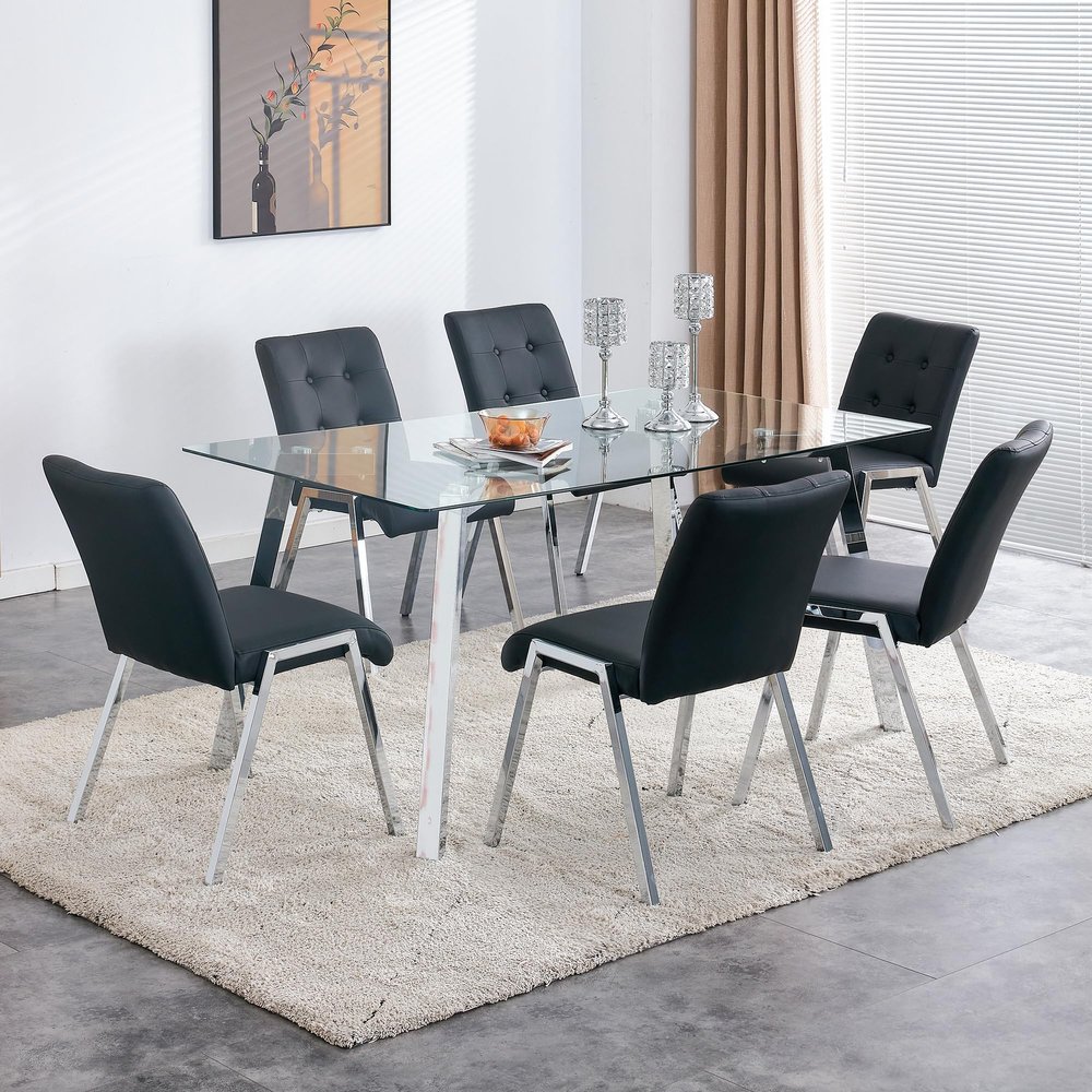 Ginxesh 63 Modern Glass Dining Table Set for 6,7 Piece Dining Table Set,0.3'' Tempered Glass Top Dinner Table and Black Faux Leather High Back Upholstered Dining Chairs for Dining Room,Kitchen