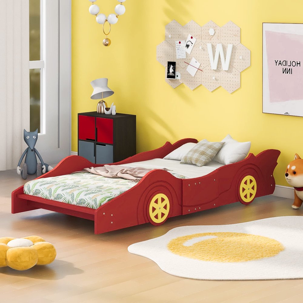 SOFTSEA Twin Size Race Car Bed with Wheels, Car Shaped Bed for Kids, Wood Car Bed Frame with Guardrails, Twin Car Shaped Bed for Boys Kids, No Box Spring Needed, Red