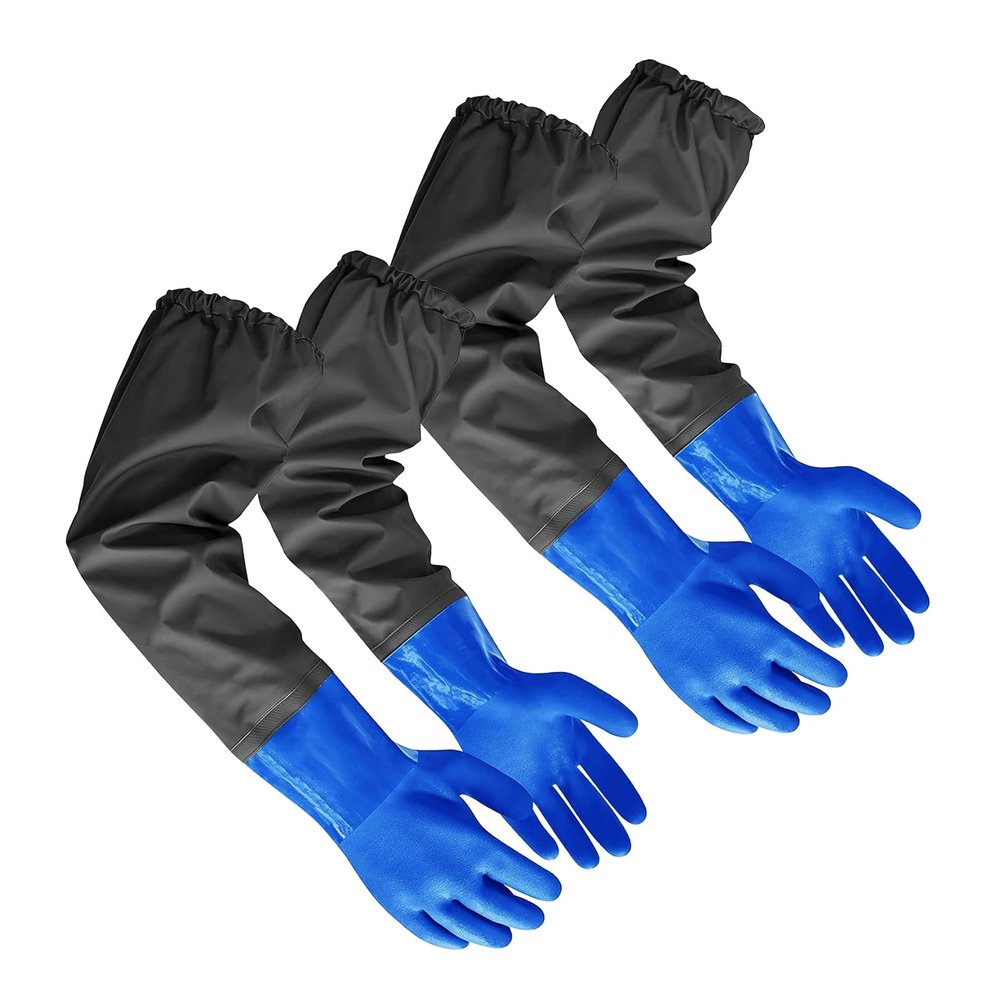 WUYANGXD 2Pair PVC Chemical Resistant Long Rubber Gloves Elbow Length,Heavy Duty Waterproof Gloves For Dishwashing Cleaning Chemical Pool Pond Acid Work, 25 Inches, Large-(Blue)