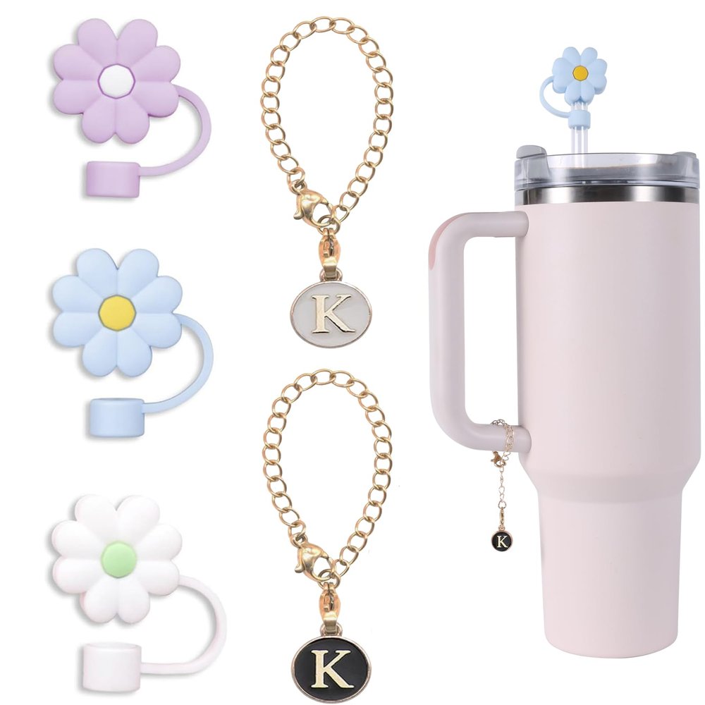 3pcs 10mm Flower Straw Topper for Stanley Straw Cover 40 oz 30 oz + 2pcs Letter Chain Charm for Stanley Tumblers with Handle for Stanley Cup Accessories Food Grade Silicone Straw Cap Tips Cover