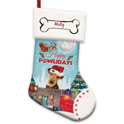 MALIHONG 1 Pack Happy Pawlidays Christmas Stocking Airedale Terrier Dog Christmas Hanging Stocking Gift for Dog Custom Dog Name Xmas Holiday Christmas Tree Fireplace Hanging Stocking 14.4"