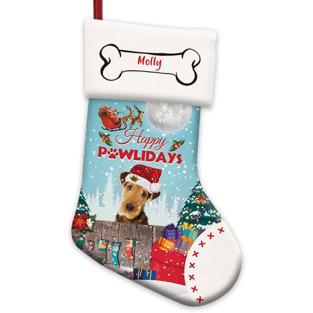 MALIHONG 1 Pack Happy Pawlidays Christmas Stocking Airedale Terrier Dog Christmas Hanging Stocking Gift for Dog Custom Dog Name Xmas Holiday Christmas Tree Fireplace Hanging Stocking 14.4"