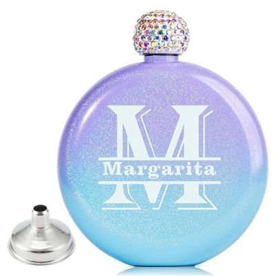 70PC Personalized Women's Flask Weddings Bridesmaid Mementos Gift for Her Customized Flask Drink & Barware 5 oz Glitter Coating Crystal Lid Portable Wine Whiskey Traveling Flask Blue_Purple