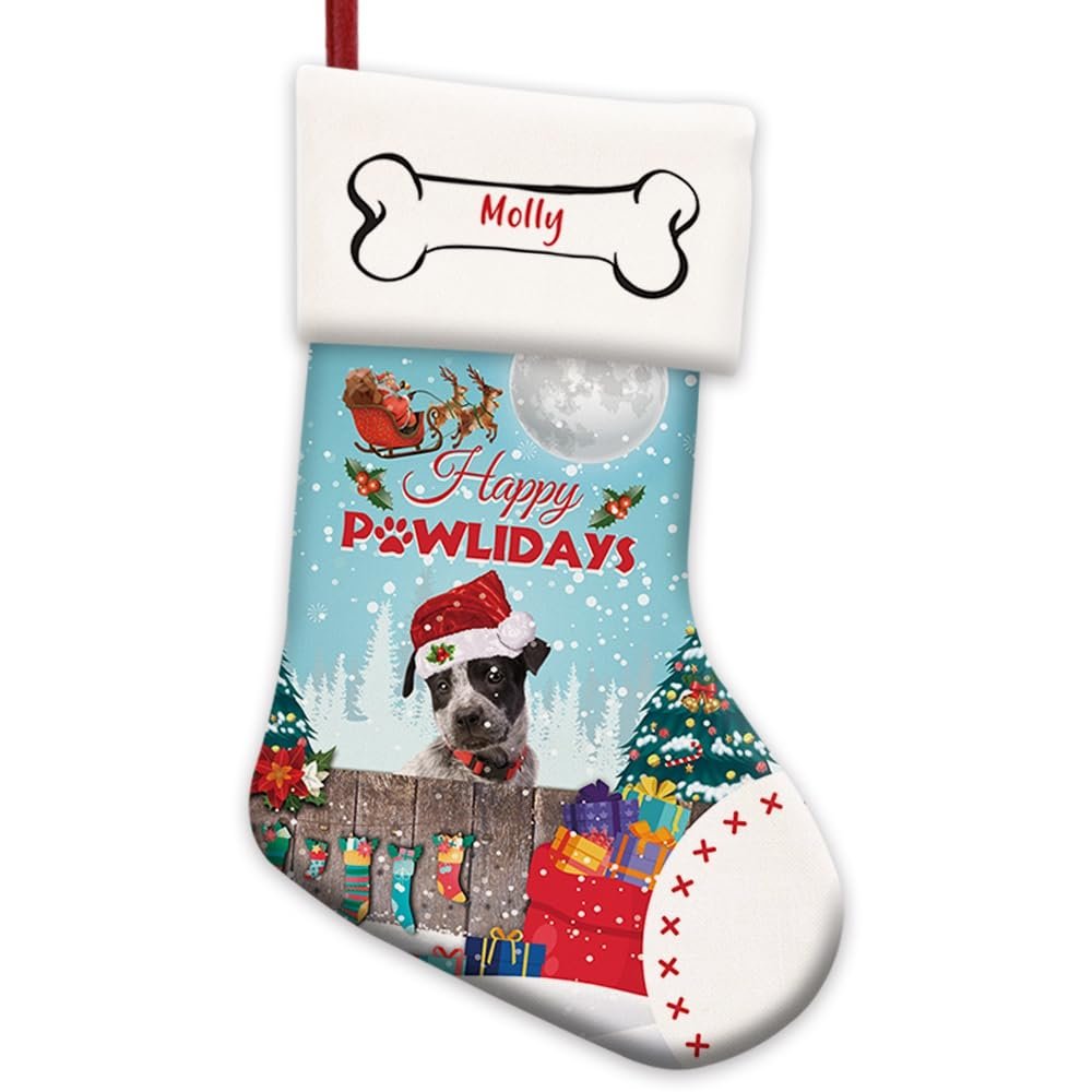 MALIHONG 1 Pack Happy Pawlidays Christmas Stocking Blue Heeler Dog Christmas Hanging Stocking Gift for Dog Custom Dog Name Xmas Holiday Christmas Tree Fireplace Hanging Stocking 14.4"