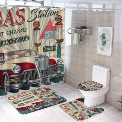 Vintage Old Classic Car Shower Curtain Sets 4 Piece,Rustic Wild West Gas Station Theme Antique Car Bathroom Decor Sets with Rugs Include Waterproof Non-Slip Toilet Lid Cover Bath Mat