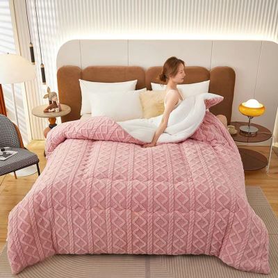 CHDGSJ Hibiscus Warm Quilt for Winter, Thickened Super Soft Comforter Jacquard Plaid Queen King Quilts Double Sided Fluffy Lamb Fleece Quilt Blanket(E,59 * 78.7in/4kg)