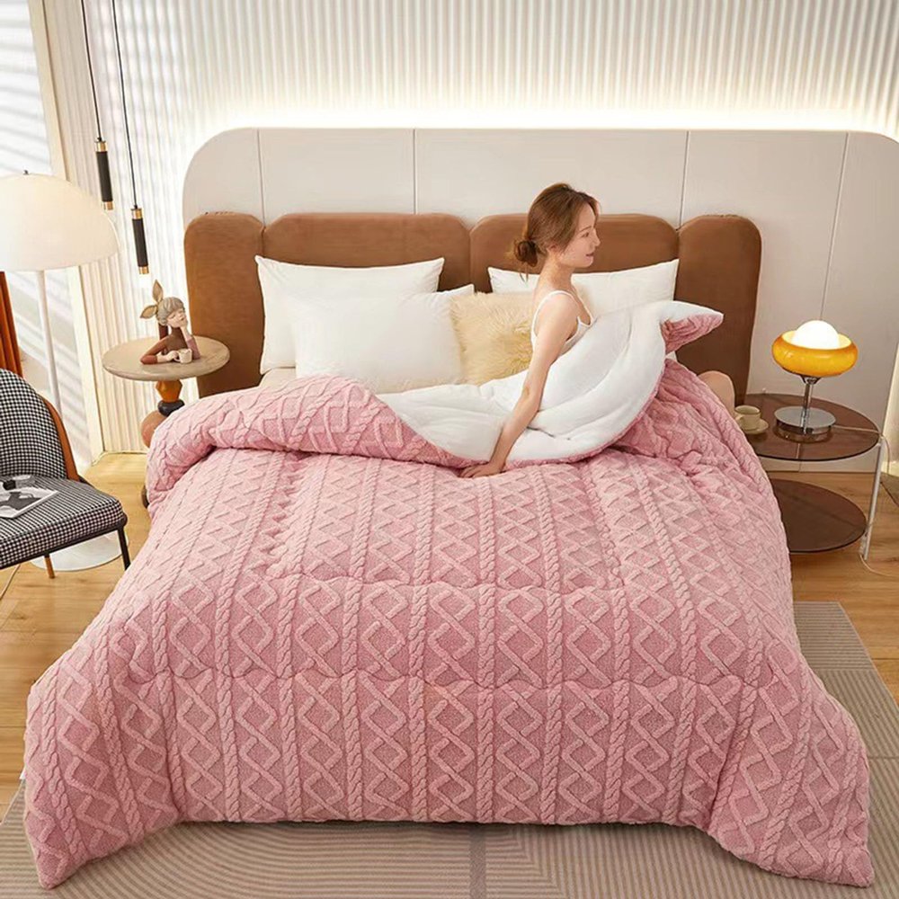 CHDGSJ Hibiscus Warm Quilt for Winter, Thickened Super Soft Comforter Jacquard Plaid Queen King Quilts Double Sided Fluffy Lamb Fleece Quilt Blanket(E,59 * 78.7in/4kg)