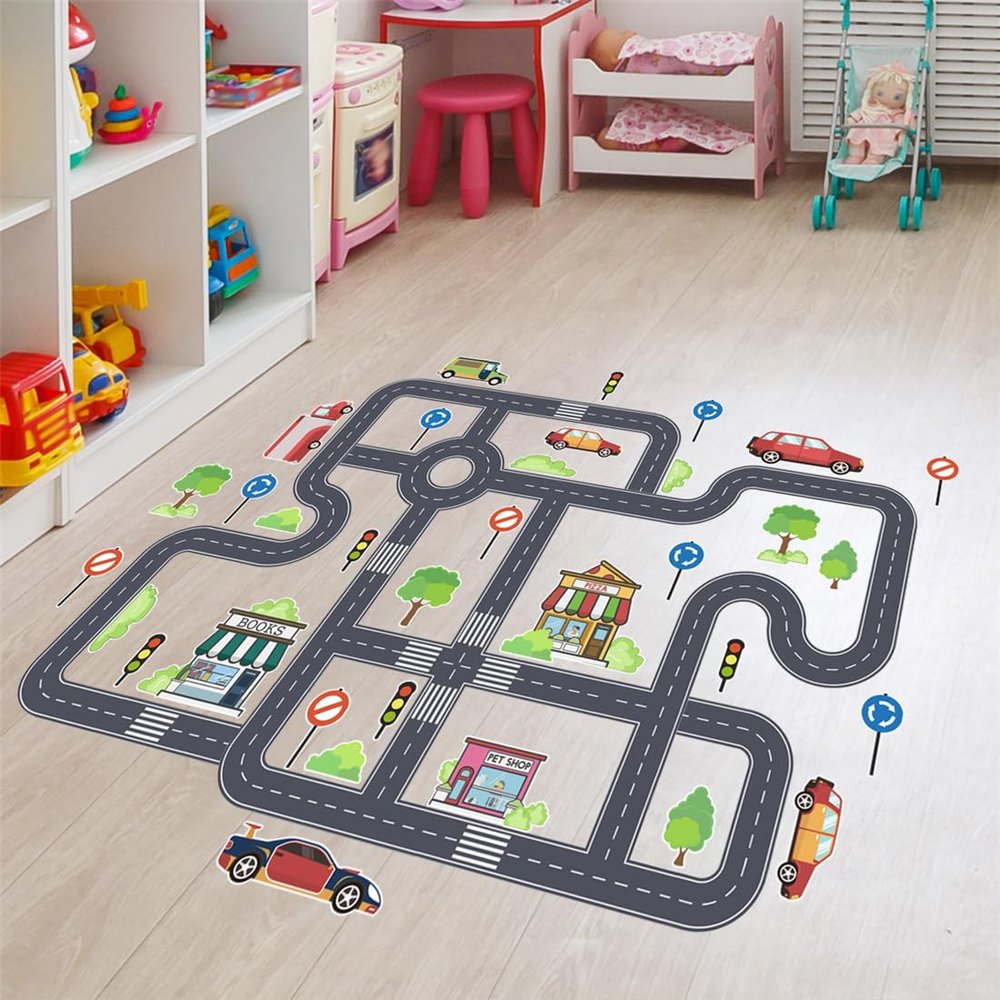 Car Road Signs Floor Stickers, Self-adhesive Car Transportation Road Wall Stickers Wall Decals, Traffic Road Sign Education Kids Wall Stickers for Kids Nursery Classroom Bedroom Living Room Home Decor