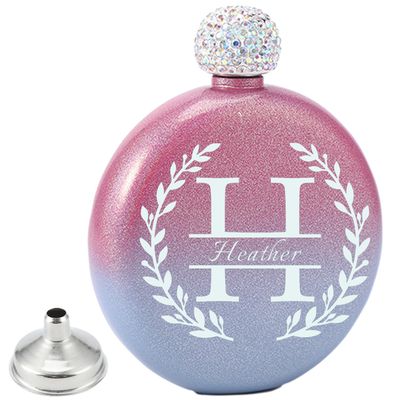 70PC Personalized Women's Flask Weddings Bridesmaid Mementos Gift for Her Customized Flask Drink & Barware 5 oz Glitter Coating Crystal Lid Portable Wine Whiskey Traveling Flask Blue_Pink