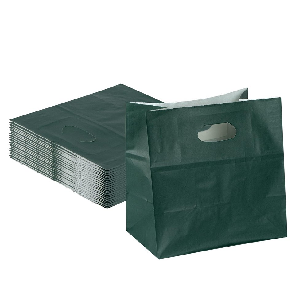 Restaurantware Paper Bags 11x7x11 Inch Pack of 100 Forest Green Paper Take Out Bags Medium, Heavy-Duty Carriers with Handles for Lunch Packaging, Take Out, Party Favors, Shopping, Birthday Gifts