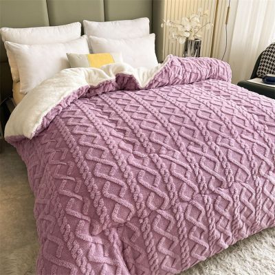 CHDGSJ Hibiscus Warm Quilt for Winter, Thickened Super Soft Comforter Jacquard Plaid Queen King Quilts Double Sided Fluffy Lamb Fleece Quilt Blanket(C,70.9 * 86.6in/3.5kg)