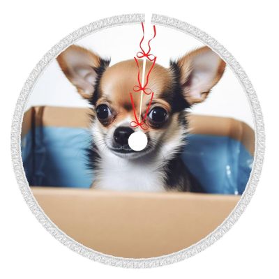 Dog in The Box Print Christmas Tree Skirts with Tassel Soft Christmas Tree Mat Xmas Tree Skirt Ornaments Traditional Christmas Tree Carpet Soft for Holiday Party Xmas Decorations 48"