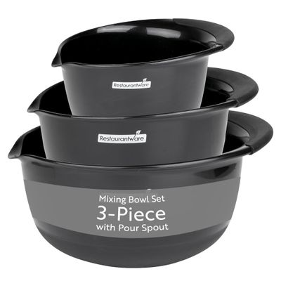 Restaurantware Comfy Grip Plastic Bowl Set 1 Durable Mixing Bowl Set - 3-Piece Set Rubber Grip Bottom Black Plastic Bowls with Pour Spot Dishwashable