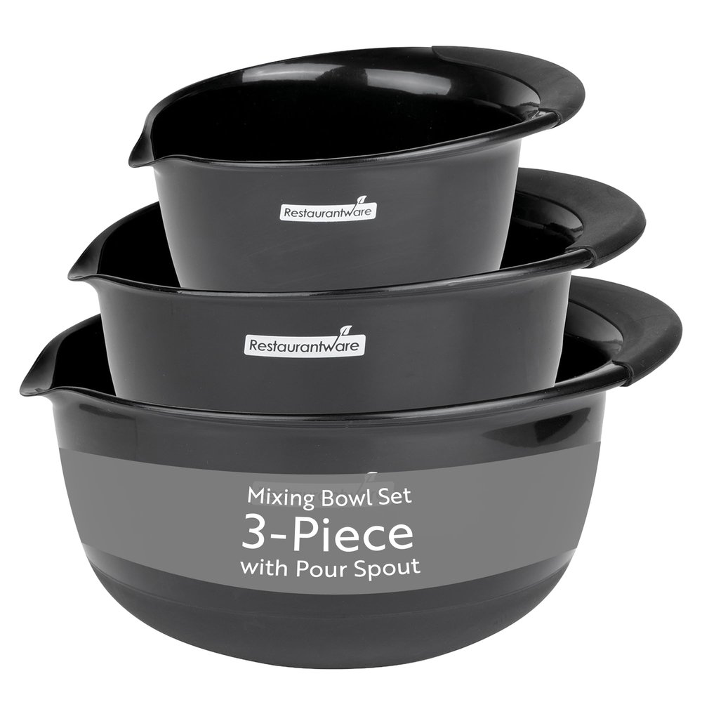 Restaurantware Comfy Grip Plastic Bowl Set 1 Durable Mixing Bowl Set - 3-Piece Set Rubber Grip Bottom Black Plastic Bowls with Pour Spot Dishwashable