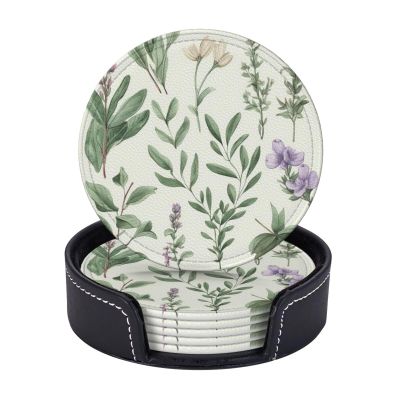 6 Pcs Green Flower Herb Sage Drink Coasters with Holder Leather Coaster Coffee Cup Pad Drinking Cup Mat Set Coffee Table Drinks Coasters for Modern Home Decor,4 Inches