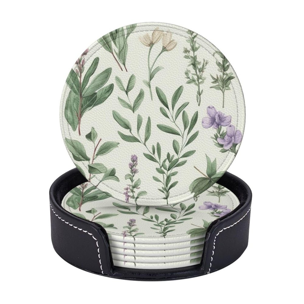 6 Pcs Green Flower Herb Sage Drink Coasters with Holder Leather Coaster Coffee Cup Pad Drinking Cup Mat Set Coffee Table Drinks Coasters for Modern Home Decor,4 Inches