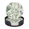 6 Pcs Green Flower Herb Sage Drink Coasters with Holder Leather Coaster Coffee Cup Pad Drinking Cup Mat Set Coffee Table Drinks Coasters for Modern Home Decor,4 Inches view 1